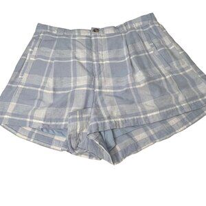American Eagle Women XL Blue Plaid Linen-Blend High-Waisted Shorts Lined Pockets